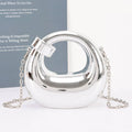 Silver round handbag with chain strap on a white background