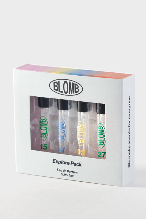 Blomp perfume explore pack with multiple bottles in a box on a white background