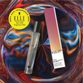 Perfume bottle and packaging with 'Elle' Best AAPI Fragrance 2024 award on a swirling colorful background