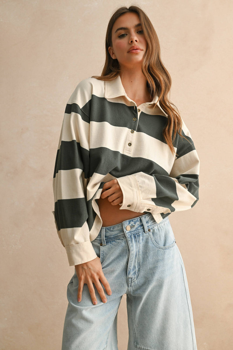 T5244   LONG SLEEVE WIDE PANEL KNITTED SHIRTS: OLIVE/BEIGE / L