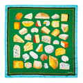 A silk scarf with a variety of hand painted cheeses arranged in a square with a green background and a stripe border.