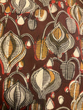 A close-up of a patterned fabric featuring stylized botanical motifs in rust brown, cream, mustard yellow, and charcoal gray.