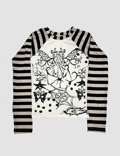 Long-sleeve shirt with black and white striped sleeves and a central graphic design on a light gray background