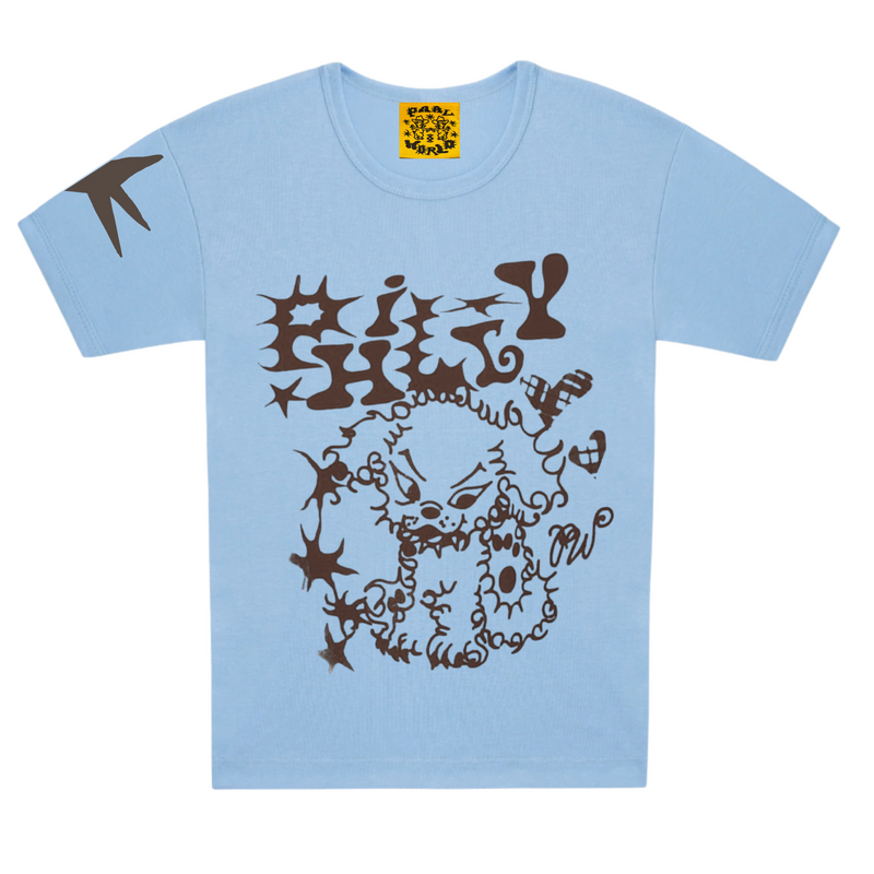 Light blue t-shirt with brown graphic design on a white background