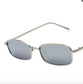 Silver sunglasses with reflective lenses on a white background