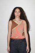 A model with long curly dark hair wearing a sleeveless, asymmetrical striped tank top with red and white horizontal stripes, yellow trim, and a brown circular cutout detail, paired with dark blue jeans against a plain light gray background.