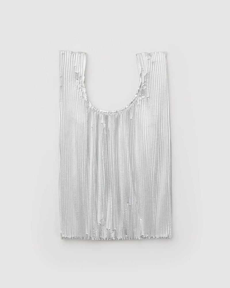 Silver fringe bag on a light gray background