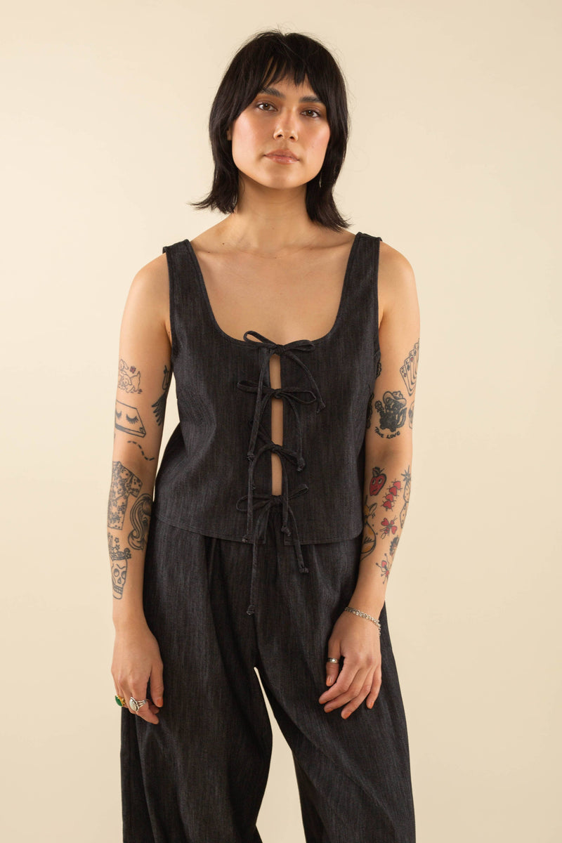 NLT Cotton Blend Black Denim Tie Top