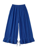 Blue wide-leg pants with ruffled bottom on a white background