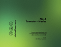 Product label for 'No. 8 Tomato + Herbs' candle with branding and specifications on a green background.