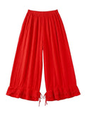Red wide-leg pants with lace trim on a white background