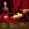 Decanter, glass, and lit candle on a tray with red fabric background