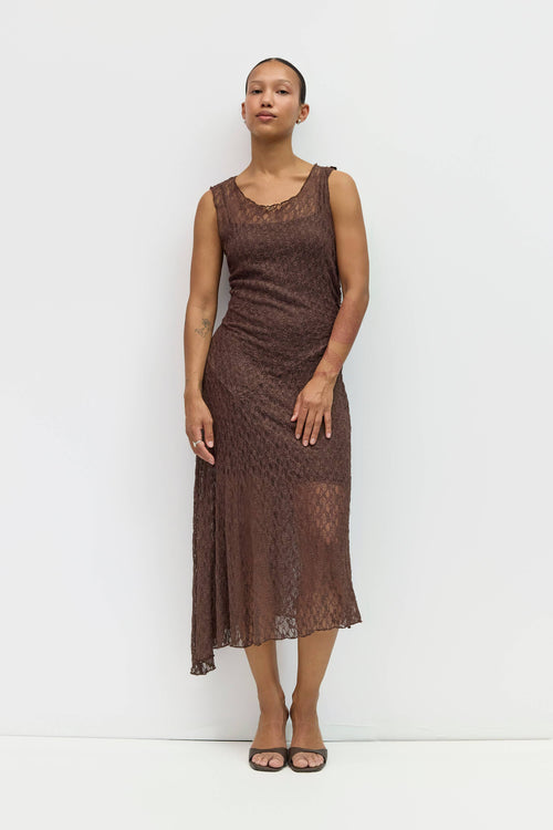 Woman wearing a brown lace dress against a white background